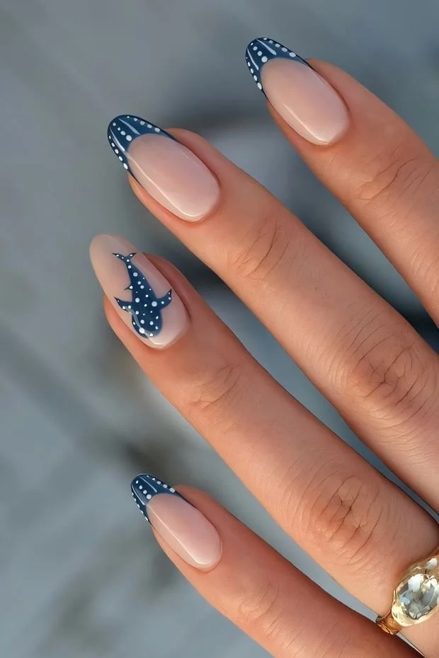 Unique whale shark nail designs showcasing vibrant colors and patterns.
