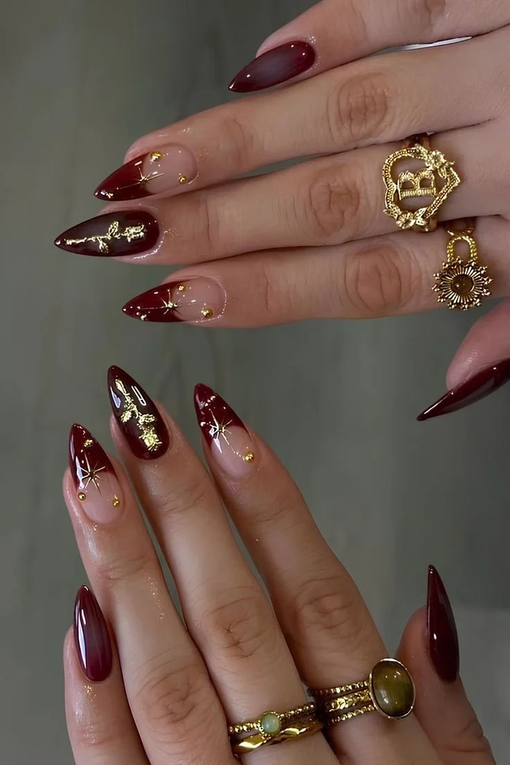 Elegant cherry mocha nails showcasing fall and winter's trending color combination.