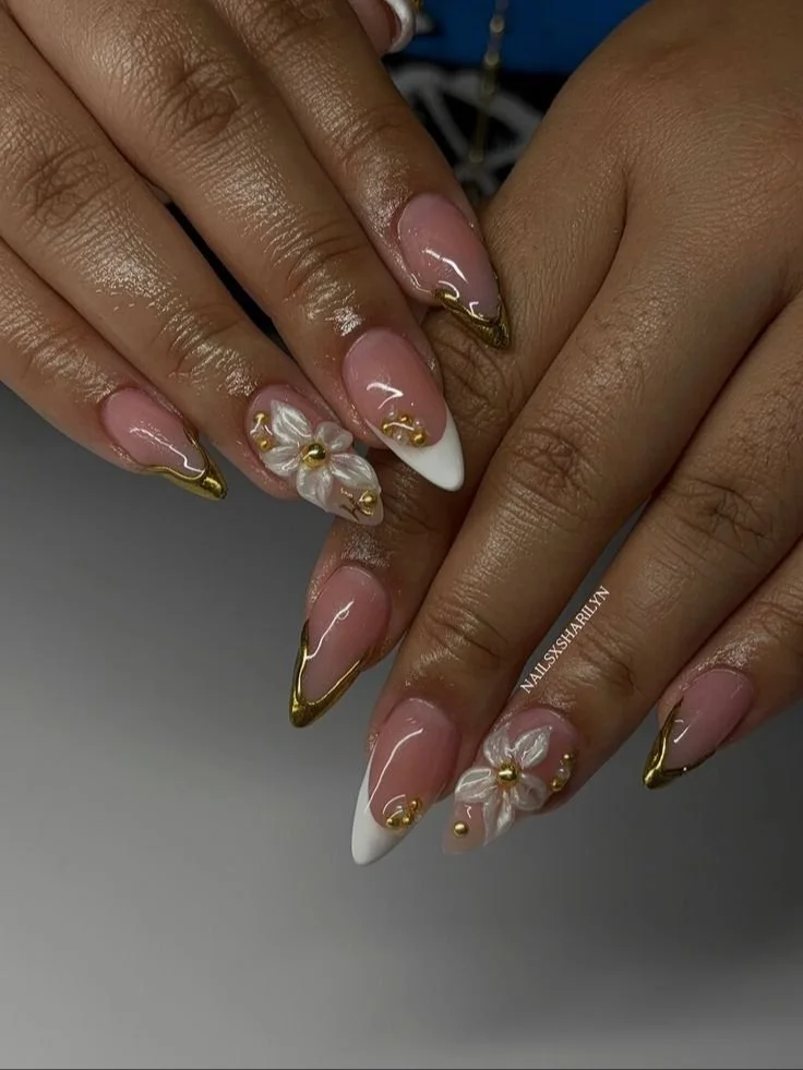 Elegant French tip nail design with gold accents by licensed nail tech in Hoover, AL.